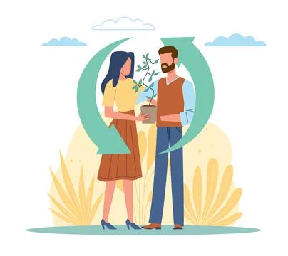 Taking care of environment. Eco friendly disposal. Man and woman hold tree Stock Illustration