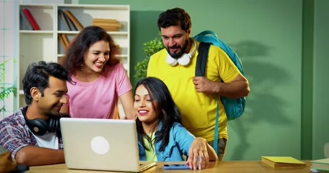 Taking cheerful selfie, college students study and complete assignment Stock Footage 342383323