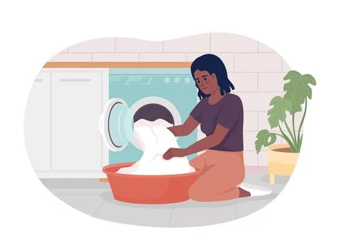Taking clothes out of washing machine 2D vector isolated illustration Illustrazione stock
