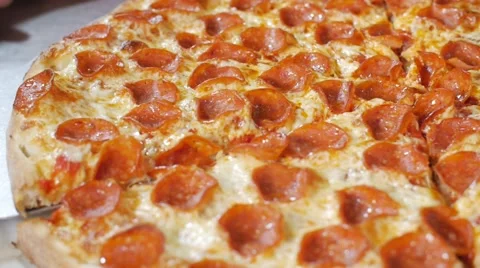 Taking Cooked Pepperoni Pizza Slice Closeup Steam Commercial Industrial Stone 스톡 동영상 66111576