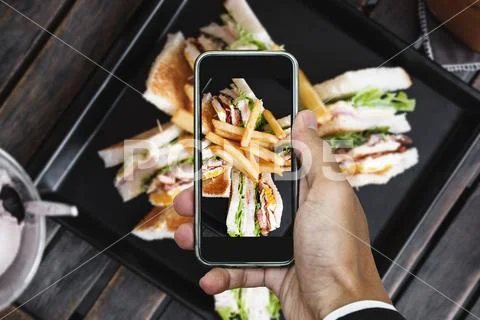 Taking food photo, food photography by smart phone, club sandwich Stock Photos