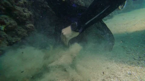 Taking the Garbage From Sandy Sea Floor, Underwater Shot Stock Footage 144899749