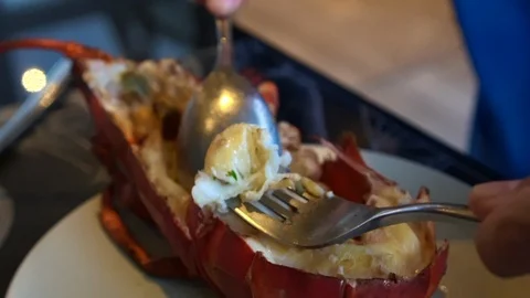 Taking lobster meat out of shell eating Stock Footage 112939633