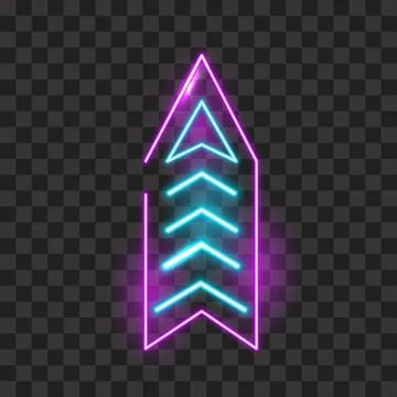 Taking off neon straight arrow template isolated. Advertising pink signpost with Stock Illustration
