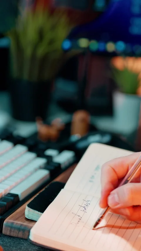 Taking notes notebook work diary home office interior Video stock 310686461