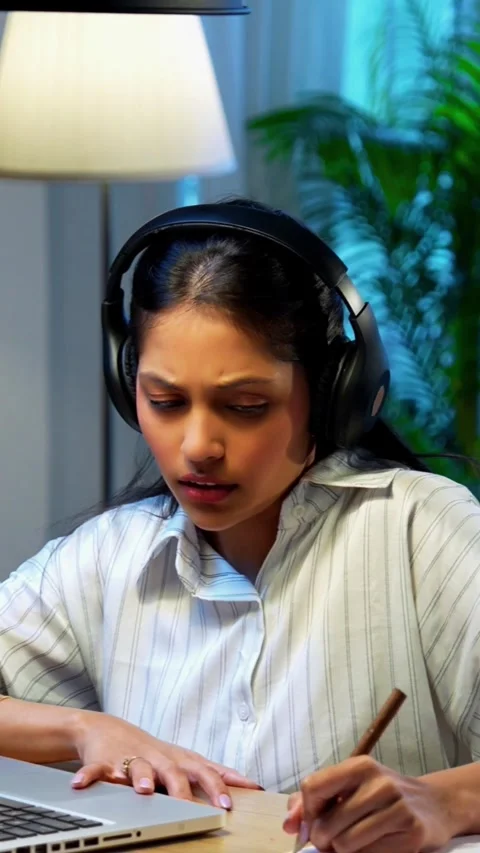 Taking notes from video call, Indian businesswoman uses headphone Stock Footage 342572793
