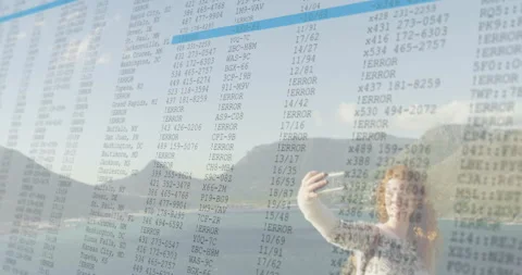 Taking selfie with animation of data and error messages by scenic landscape Stock Footage 306192491