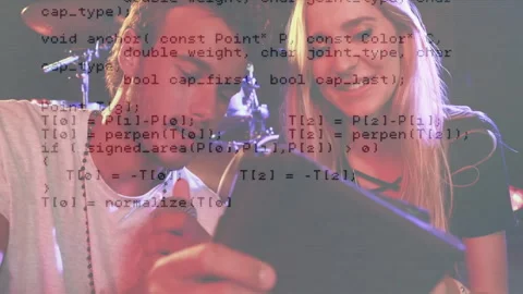 Taking selfie, people with programming code animation overlay Stock Footage 304256789