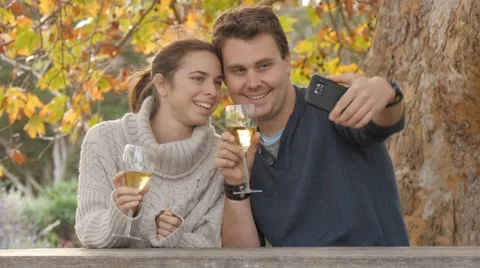 Taking a selfie self portrait with wine glasses millennial couple celebrate Video stock 63521503