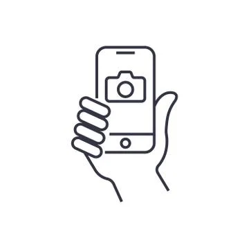 Taking selfie on smartphone concept creative icon selfie label. Hand holding  Illustrazione stock