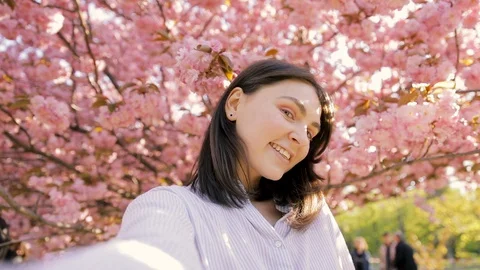 Taking selfie under blossom cherry tree at backlit. Portrait playful woman, look Stock Footage 129115296