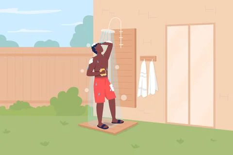 Taking shower in backyard flat color vector illustration Stockillustratie