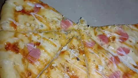 Taking a slice of hot pizza with melting mozzarella cheese pull in slow motion. Stock Footage 336796159