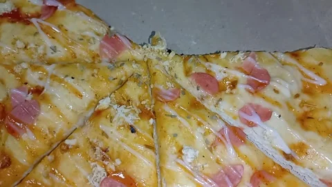 Taking a slice of hot pizza with melting mozzarella cheese pull in slow motion. Stock Footage 336796190
