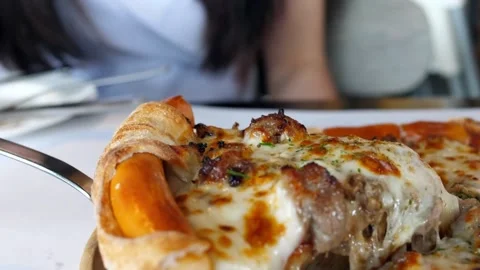 Taking slice of pizza with super stretching cheese italian pizza pepperoni. 库存影片 336586638