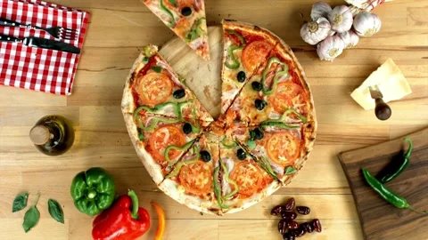 Taking slice of pizza,melted cheese dripping Italian pizza. People and food Vídeo Stock 336586668