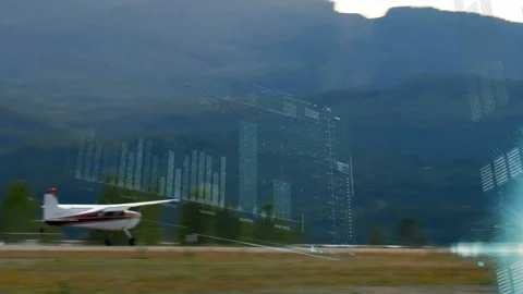 Taking off, small airplane with animation of data visualization over mountains Video stock 304859705