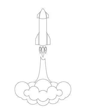 Taking off starship - vector linear picture for coloring. The rocket takes off Stock Illustration