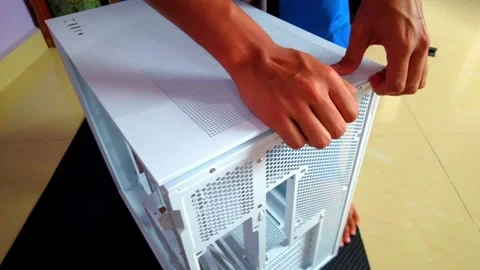 Taking off the top white desktop chassis box Stock Footage 333496001