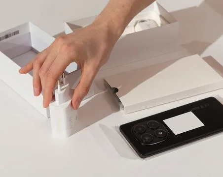 Taking white electric charger plug power adapter unit from new mobile cell .. Stock Photos
