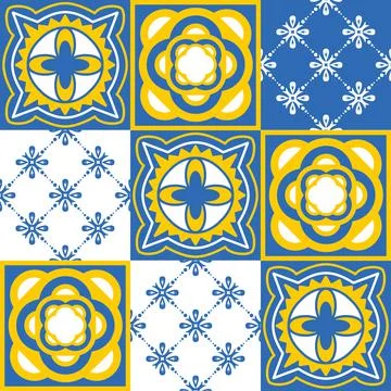 TalaVera de Puebla ceramic tile yellow blue white indigo colors, spanish port 스톡 일러스트