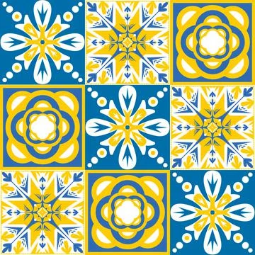 TalaVera de Puebla ceramic tile yellow blue white indigo colors, spanish patt イラスト素材