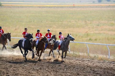 Taldykorgan, Zhetysu region, Kazakhstan - August 31, 2022. Horse racing compe Stock Photos