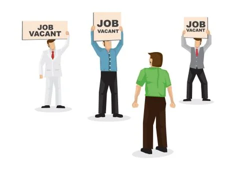 A talent looking and choosing three employers with their signboard, attractin Stock Illustration