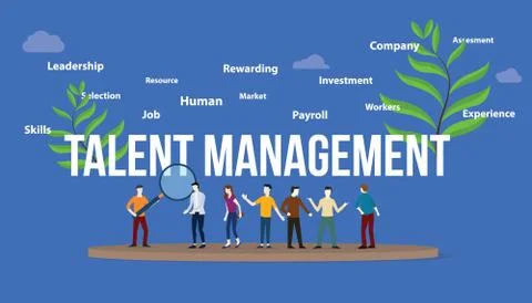 Talent management concept with big text and team people with green leaf - vec Stock Illustration