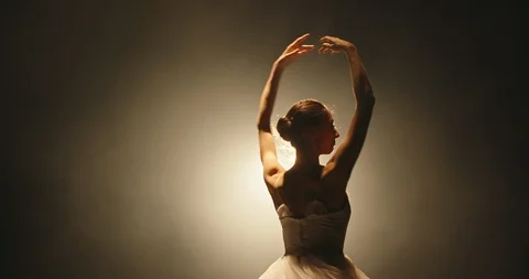 Talented ballent dancer performing on stage, spotted by light, raising her hands Stock-Footage 117541709