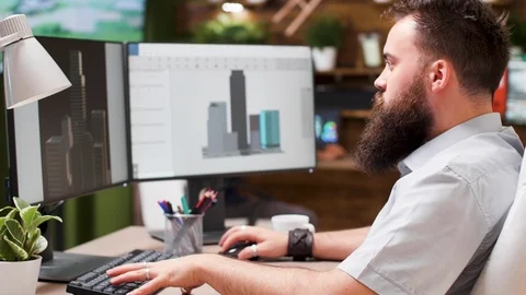 Talented bearded architect working in 3D software Stock Footage 110473305