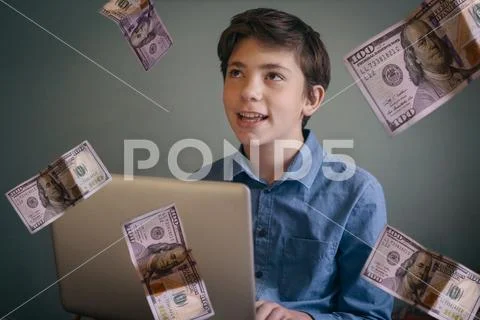 Talented successful ambitious teenager boy with laptop freelance Stock Photos