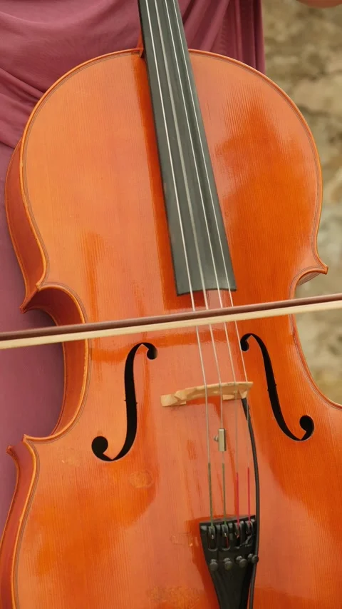 Talented woman's hand moving a bow across the strings of a shiny wooden cello 库存影片 344007301