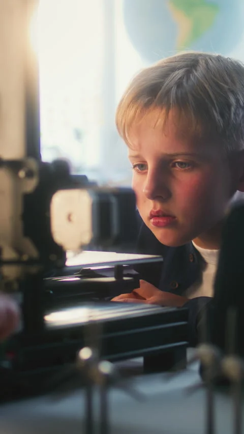 Talented Young Boy Sitting at Table, Studying Advanced Automated 3D Printer in Stock Footage 311804861
