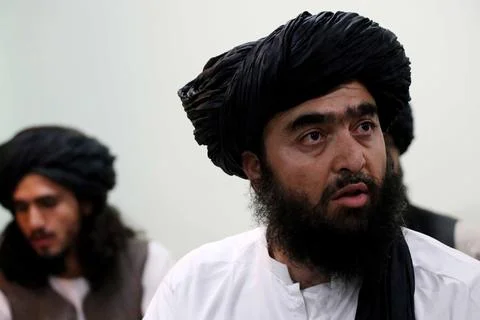 Taliban's director for Media and culture talks with journalists after former Gov Stock Photos