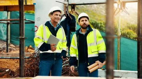 Talk, architect and men in construction for site inspection, project planning or Stock Photos