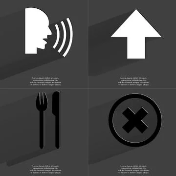Talk, Arrow directed upwards, Fork and knife, Stop sign. Symbols with long shado Stock Illustration