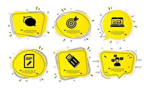 Talk bubble, Web analytics and Edit document icons set. Usb flash, Target and Stock Illustration