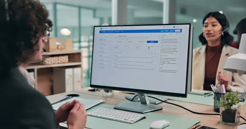 Talk, man and computer screen with help in call center for tech support, account Stock Footage 341493181