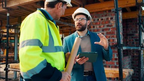 Talk, manager and architect with tablet for construction planning, building Stock Photos