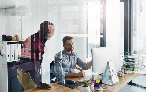 Talk, manager and man with computer in glass office, explain project progre.. Stock Photos
