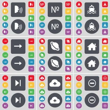Talk, Number, Ship, Arrow right, Planet, House, Media skip, Cloud, Minus icon sy Stock Illustration