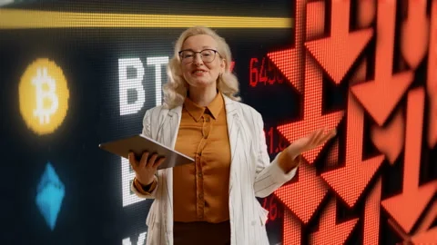 Talk show host discussing bitcoin crash, decreasing digital currency background 動画素材 253507729