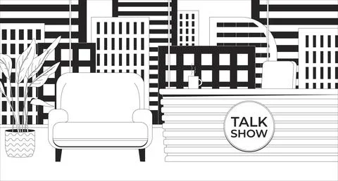 Talk show studio black and white line illustration Illustration