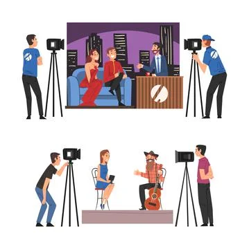 Talk show, TV host interviewing celebrity person in studio cartoon vector Illustration