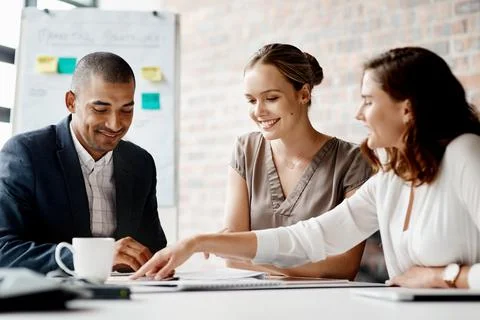 Talk, team and documents in office for meeting, project brief and client pr.. Stock Photos
