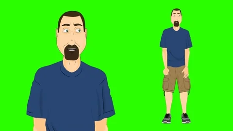 Talking and moving eyes eyebrows by character of man in blue clothes in two Stock-Footage 285951454