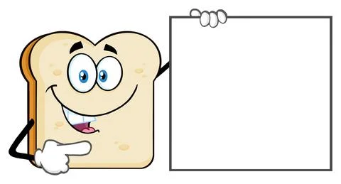 Talking Bread Slice Cartoon Mascot Character Pointing To A Blank Sign 스톡 일러스트