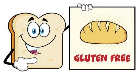 Talking Bread Slice Cartoon Mascot Character Pointing To A Sign Gluten Free 스톡 일러스트