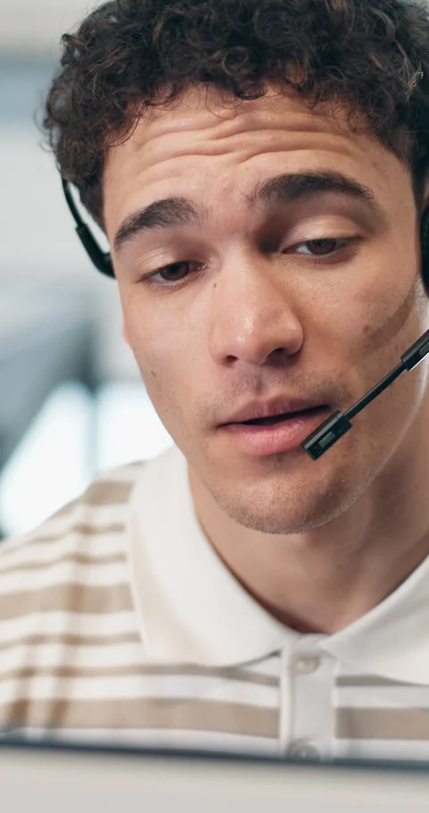 Talking, call center and man in office for customer support, computer and Stock Footage 342785330